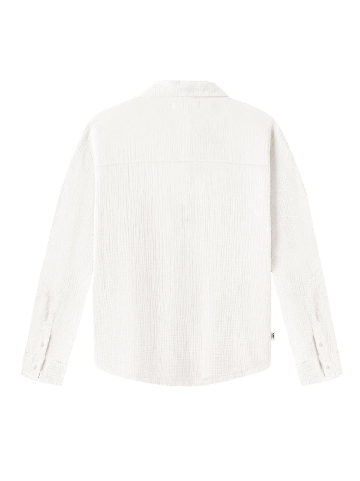 Rückseite einer fairen Frauen Musselinbluse in cremeweiss aus 100% GOTS zertifizierter Biobaumwolle und made in Portugal