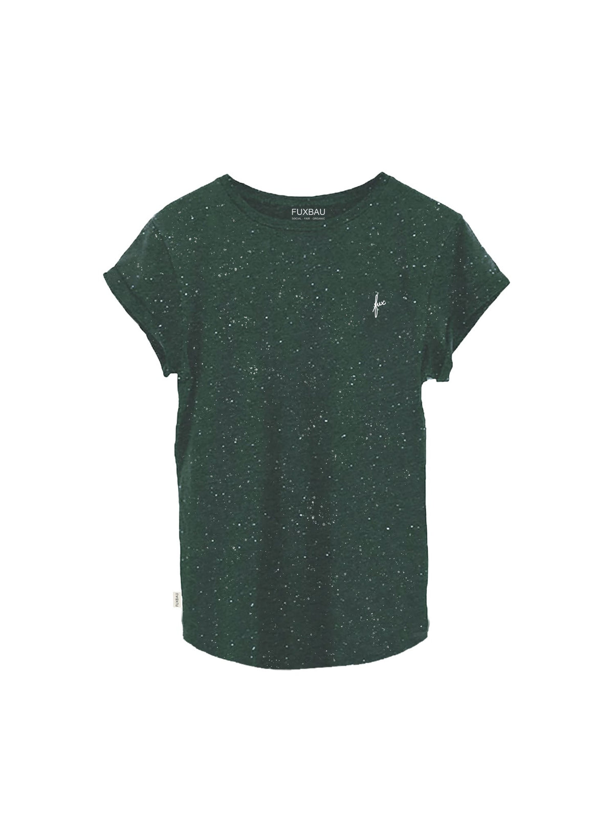 FUXBAU Fair Fashion Frauen T-Shirt aus GOTS zertifizierter Biobaumwolle in grĂŒn mit weiĂen Punkten.