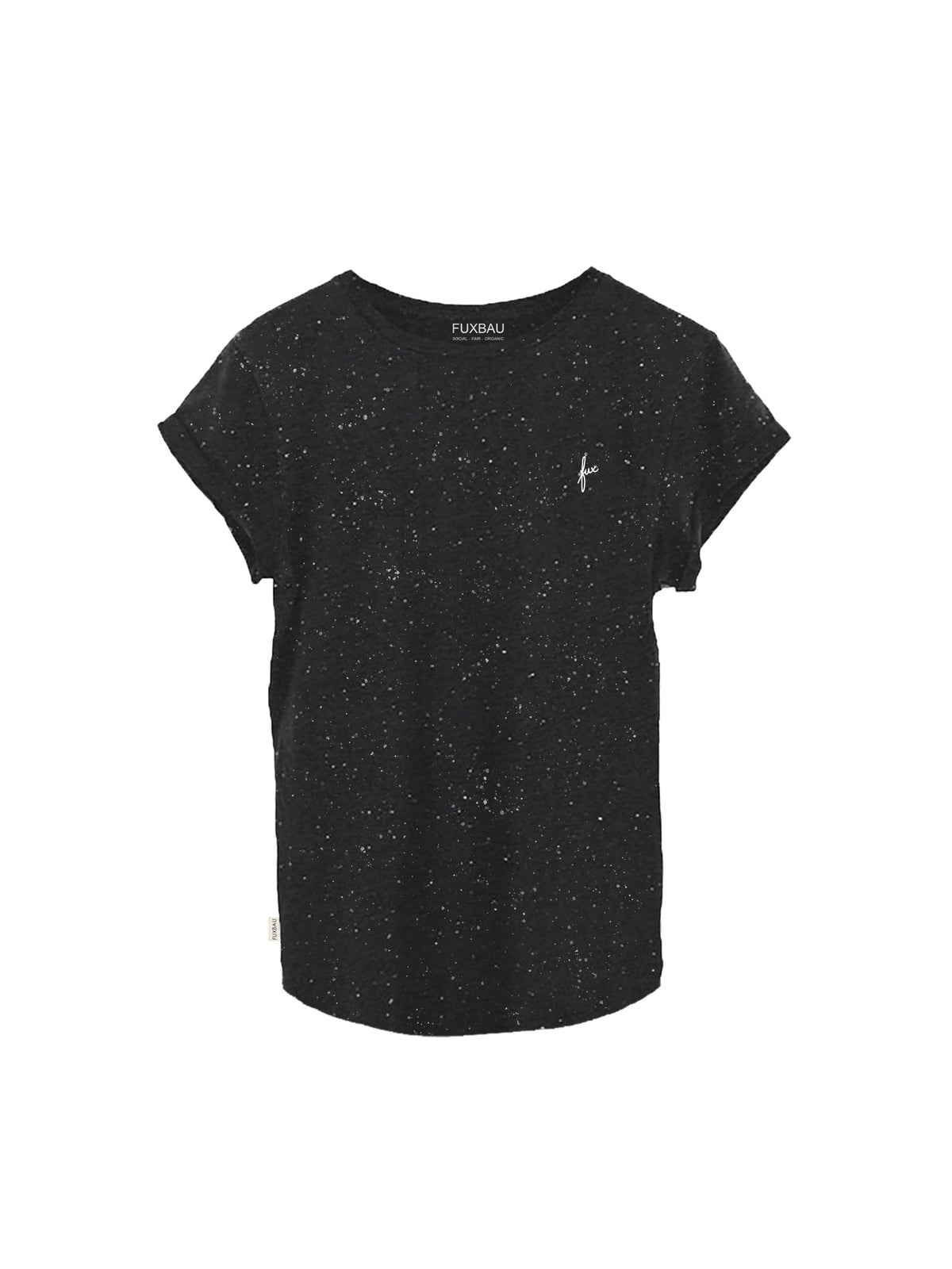 FUXBAU Fair Fashion Frauen T-Shirt in schwarz mit weißem fux Stick aus GOTS zertifizierter Biobaumwolle mit weißen Punkten.