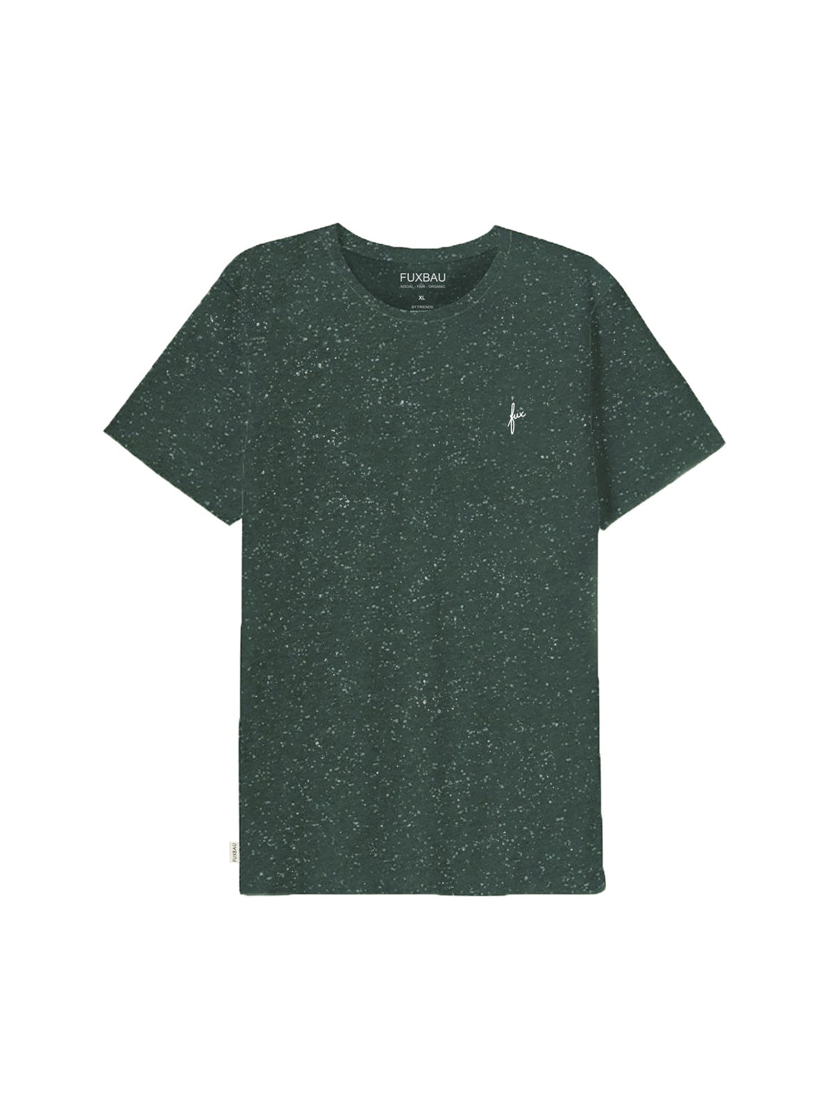 FUXBAU Fair Fashion Männer T-Shirt in grün mit weißem fux Stick aus GOTS zertifizierter Biobaumwolle mit weißen Punkten.