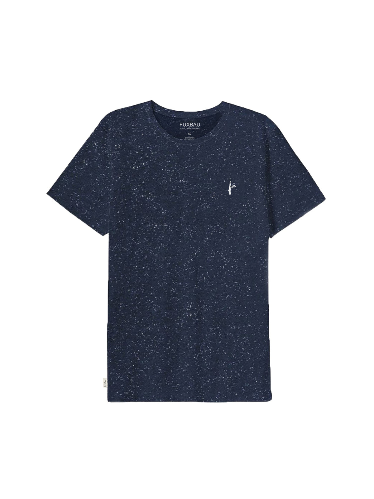 FUXBAU Fair Fashion Männer T-Shirt in navy mit weißem fux Stick aus GOTS zertifizierter Biobaumwolle mit weißen Punkten.