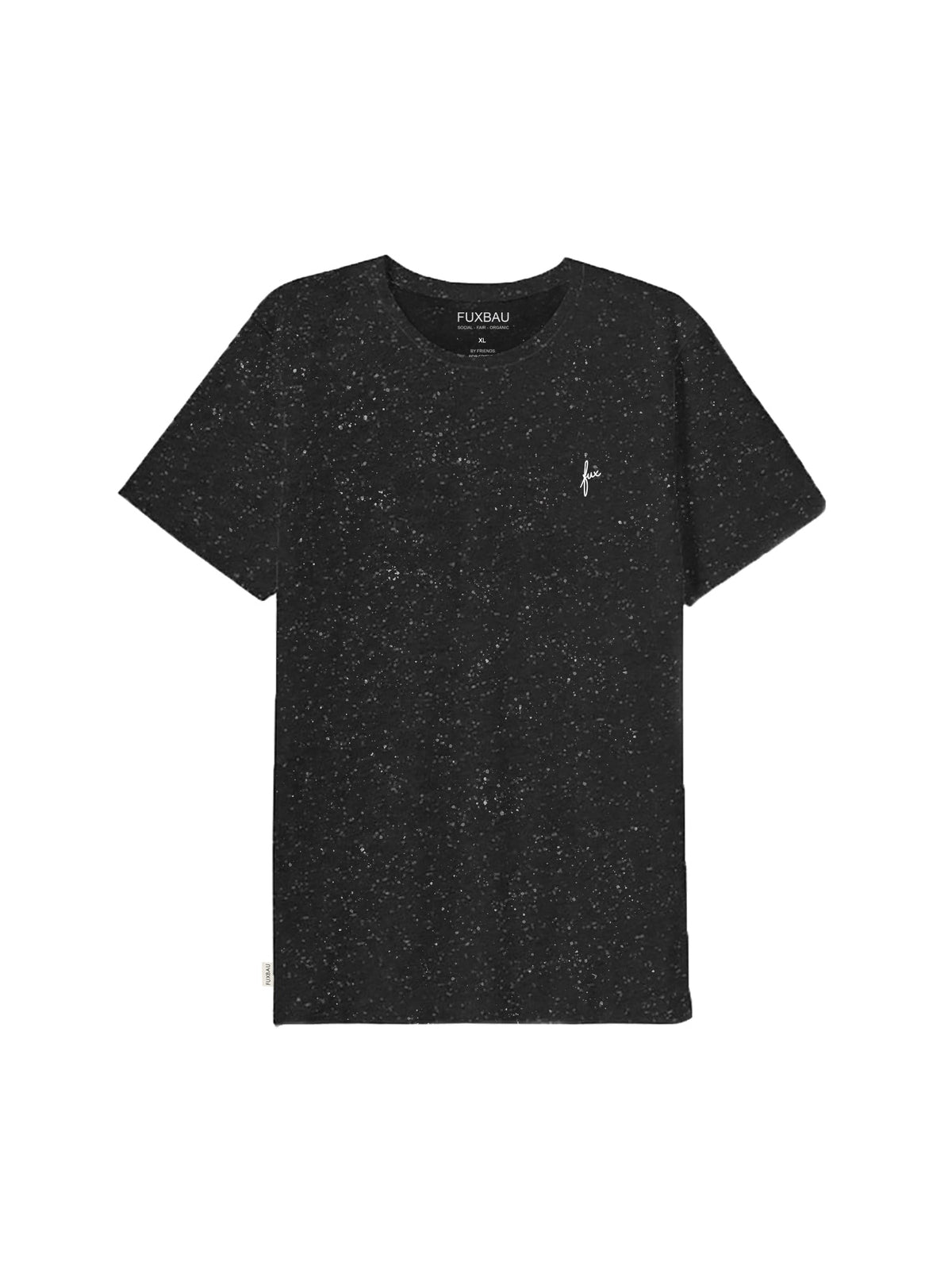 FUXBAU Fair Fashion Männer T-Shirt in schwarz mit weißem fux Stick aus GOTS zertifizierter Biobaumwolle mit weißen Punkten.