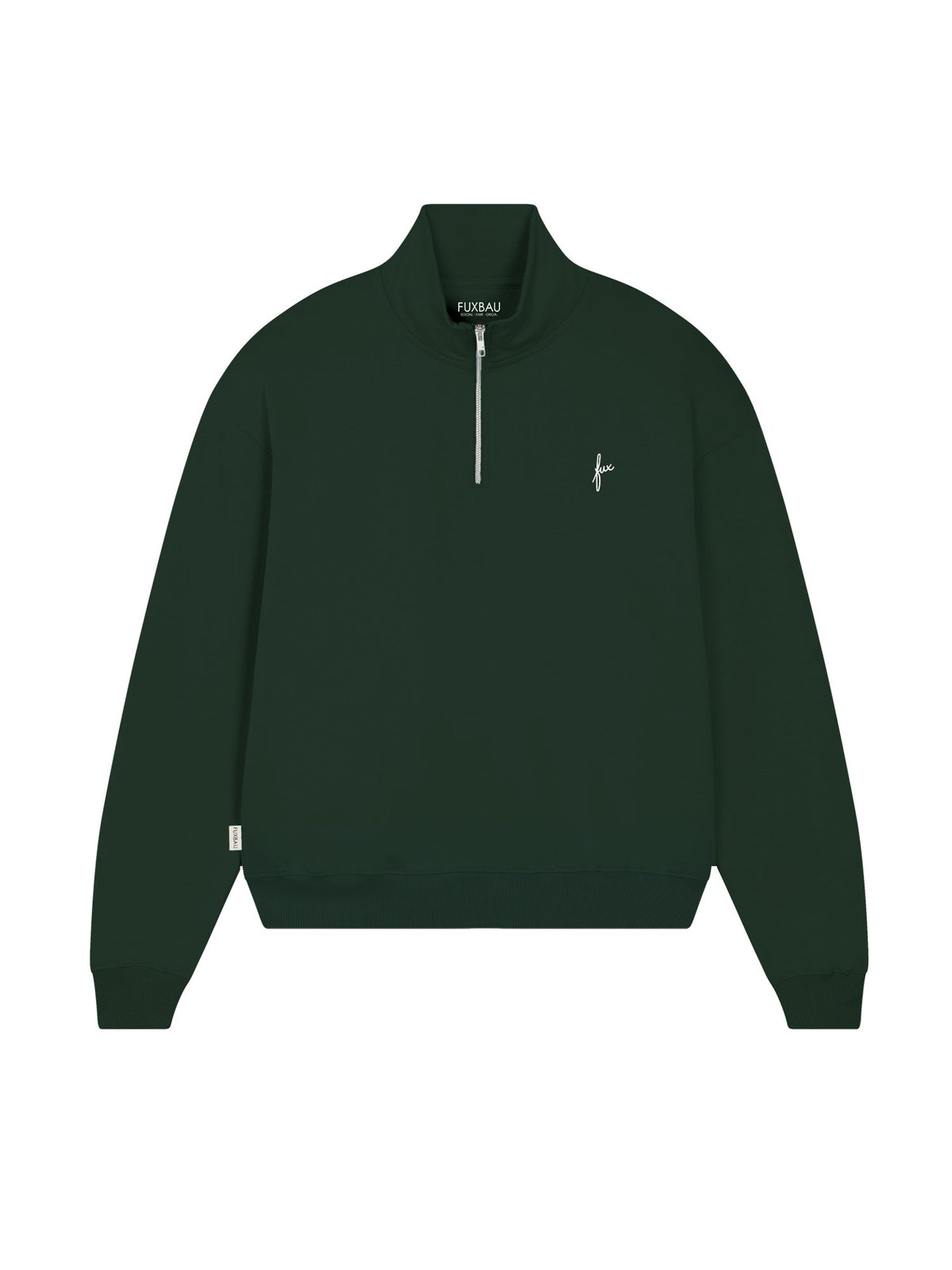 Fair Fashion Frauen Half Zip Sweater von FUXBAU in grĂŒn mit YKK Reissverschluss aus Biobaumwolle und Viscose gefertigt in Deutschland.