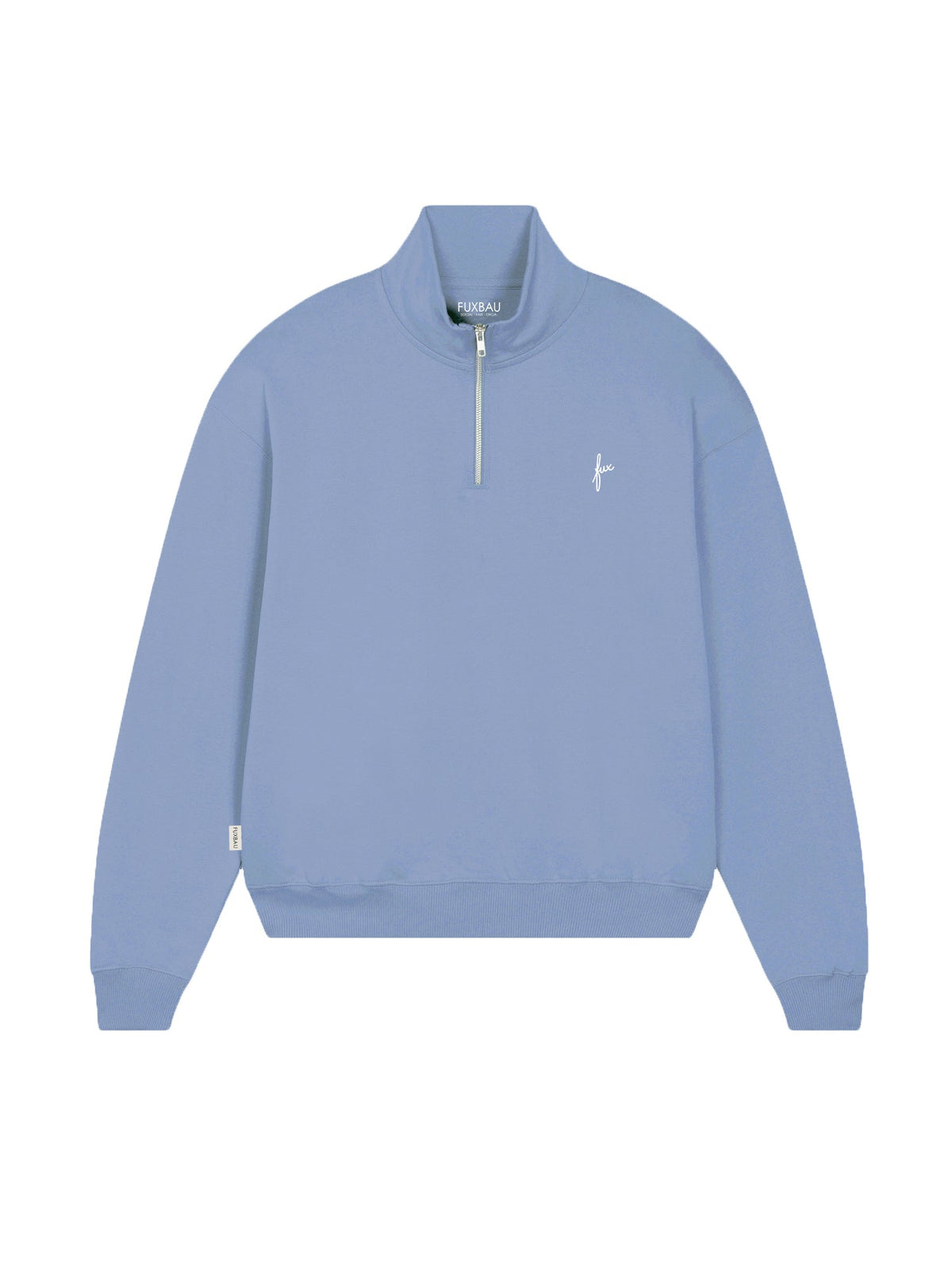 Fairer Frauen fux Half Zip Sweater in hellblau aus 100% GOTS zertifizierter Biobaumwolle und made in Portugal.