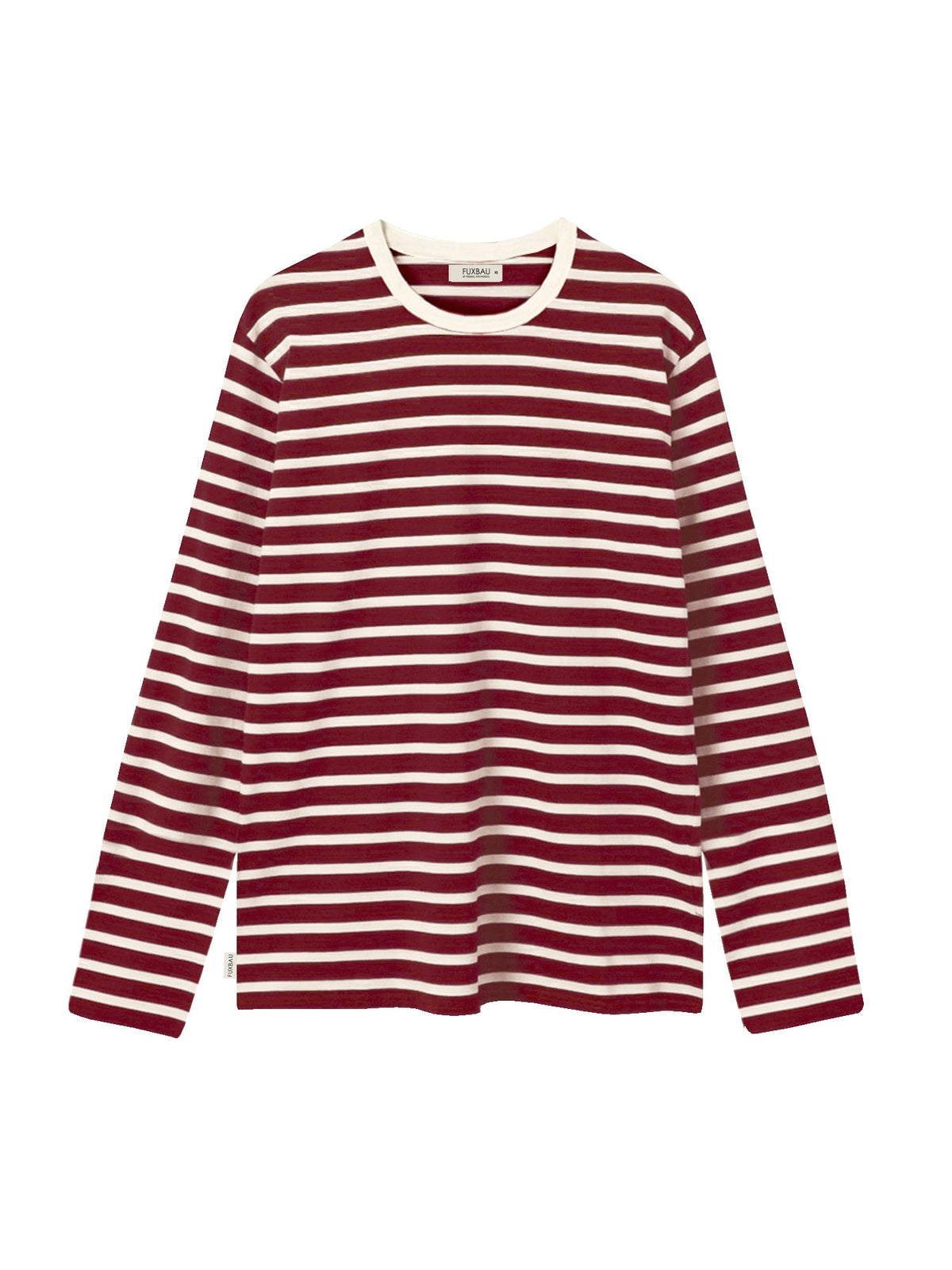 FUXBAU Fair Fashion Frauen Streifen Longsleeve in creme bordeaux aus 100% GOTS zertifizierter Biobaumwolle.