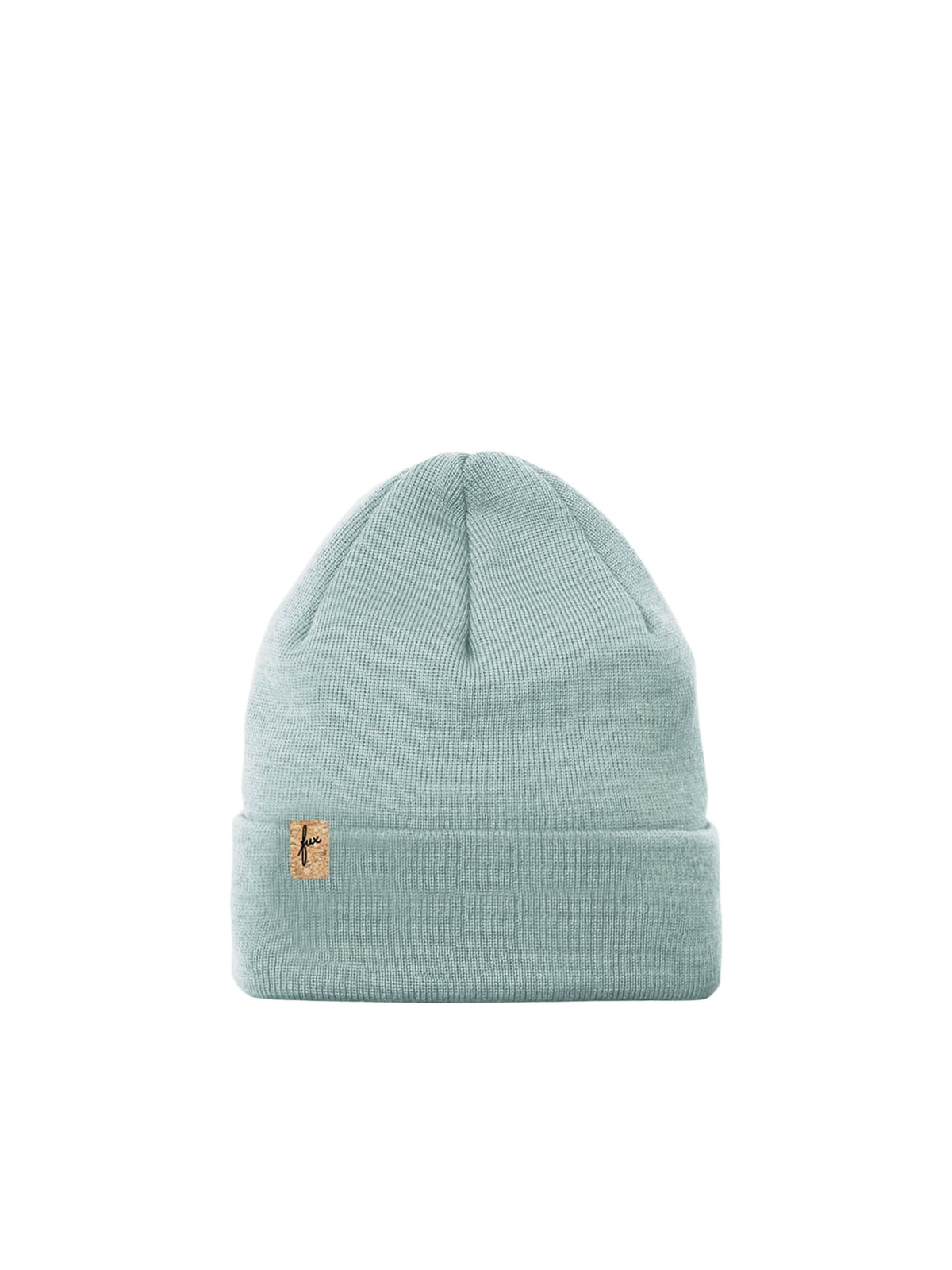 Fair Fashion Merino Kork Beanie made in Germany in seegrün für Kinder aus 100% Merinowolle und dezentem fux Kork Patch