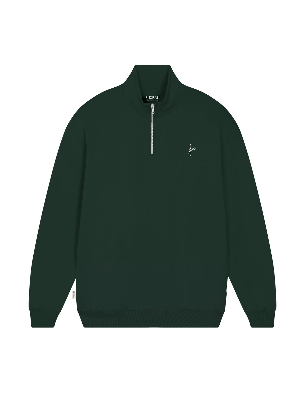 Fair Fashion Half Zip Sweater von FUXBAU in grün mit YKK Reissverschluss aus Biobaumwolle und Viscose gefertigt in Deutschland.
