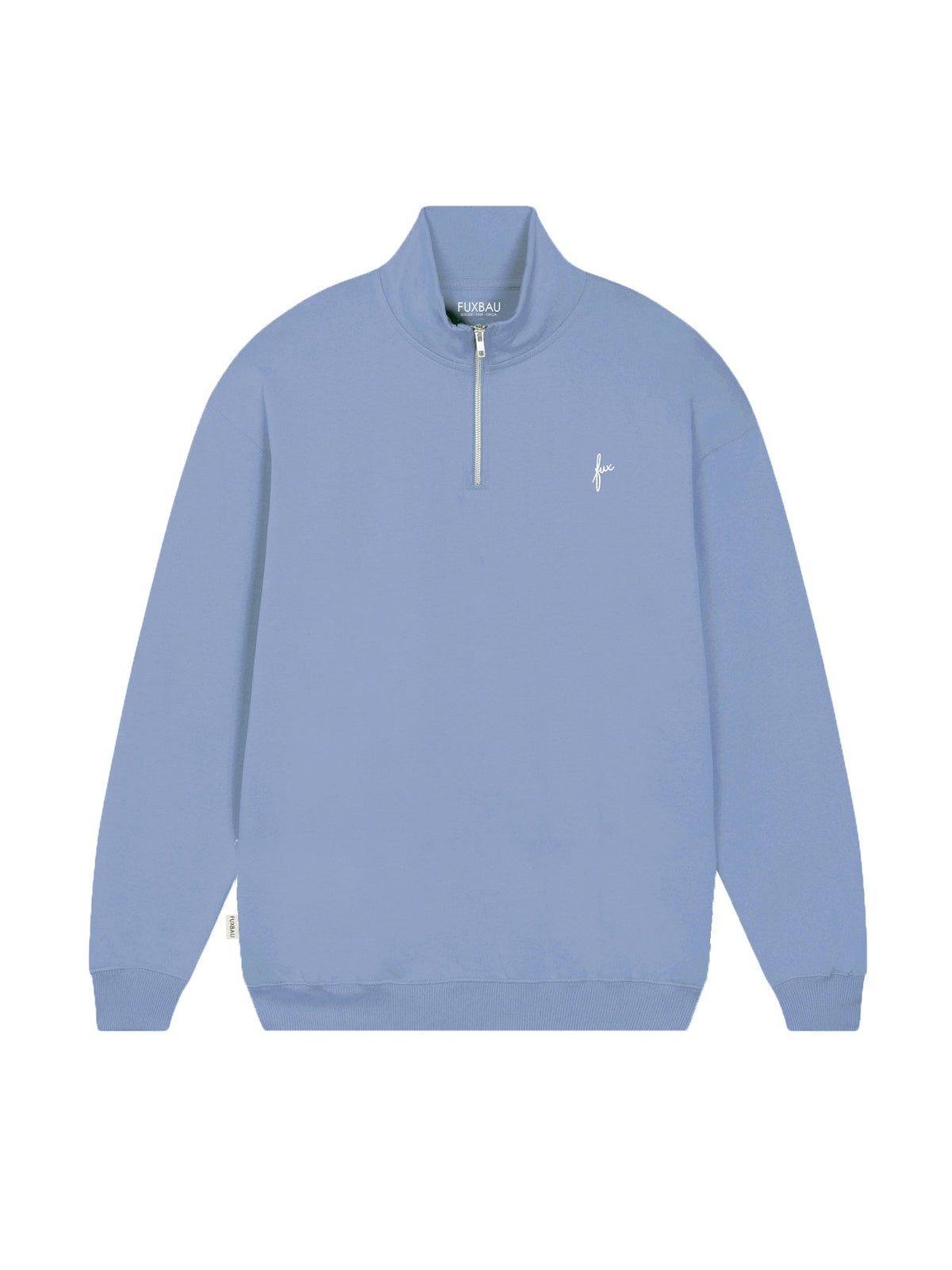 Fairer Männer fux Half Zip Sweater in hellblau aus 100% GOTS zertifizierter Biobaumwolle und made in Portugal.