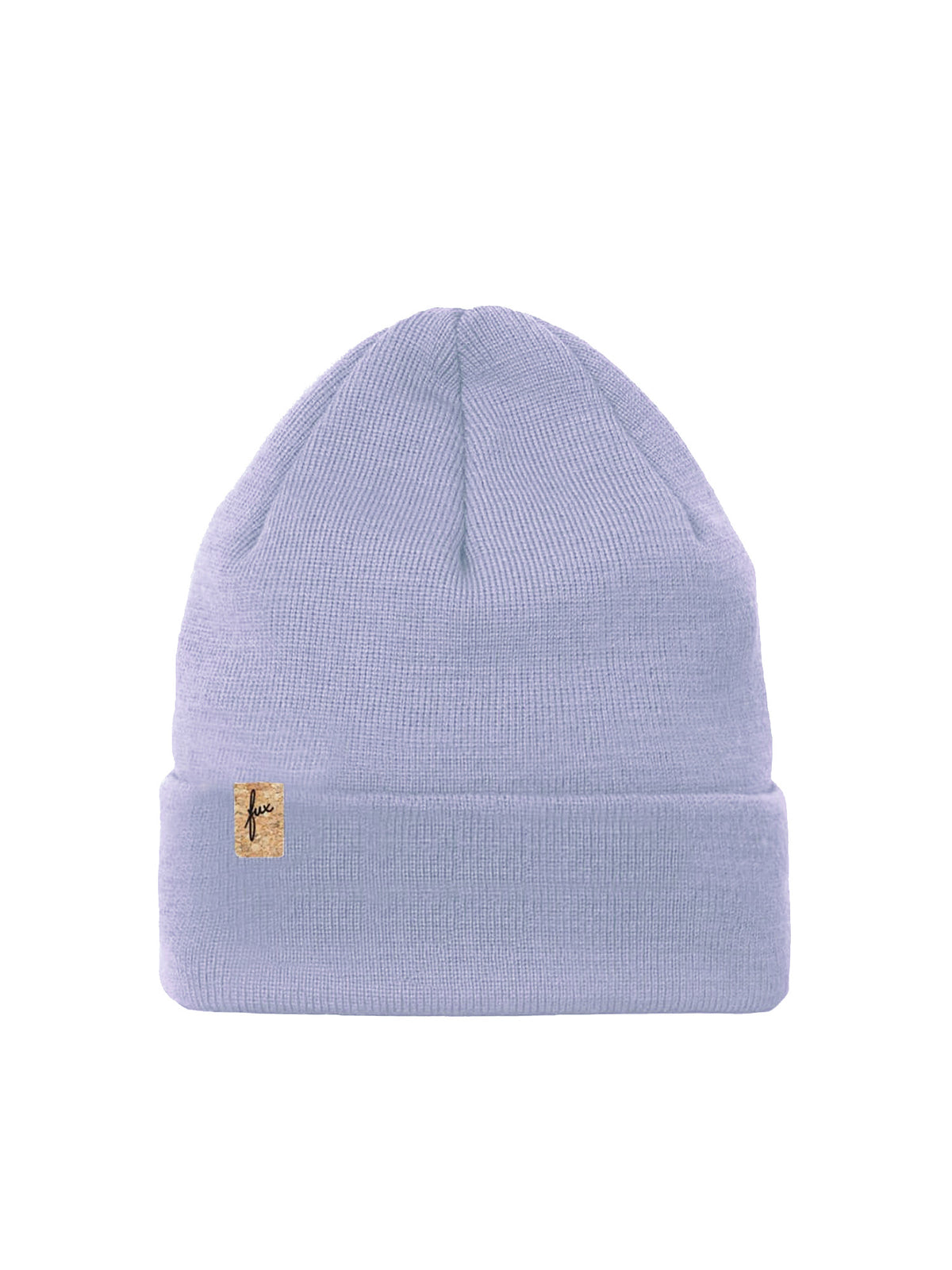 Fair Fashion Merino Kork Beanie made in Germany in lavendel für Erwachsene aus 100% Merinowolle und dezentem fux Kork Patch