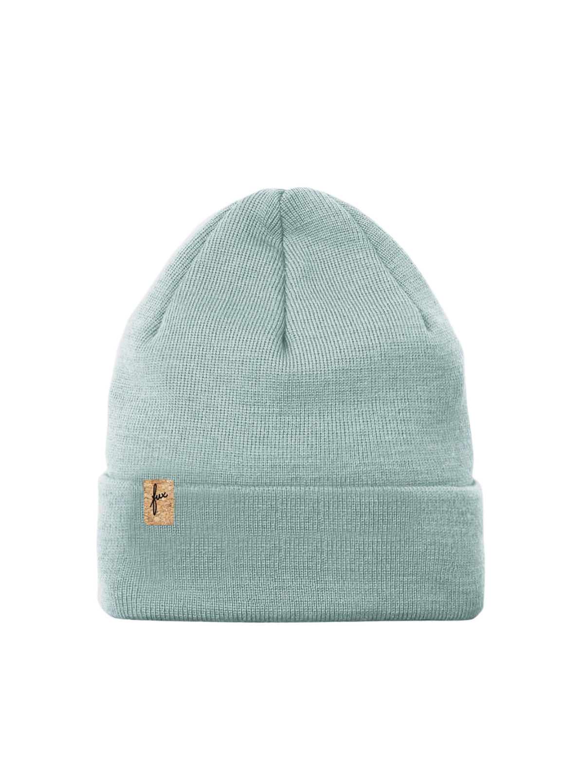 Fair Fashion Merino Kork Beanie made in Germany in seegrün für Erwachsene aus 100% Merinowolle und dezentem fux Kork Patch