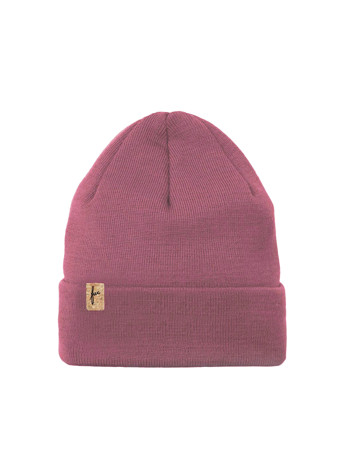 Fair Fashion Merino Kork Beanie made in Germany in weinrot für Erwachsene aus 100% Merinowolle und dezentem fux Kork Patch