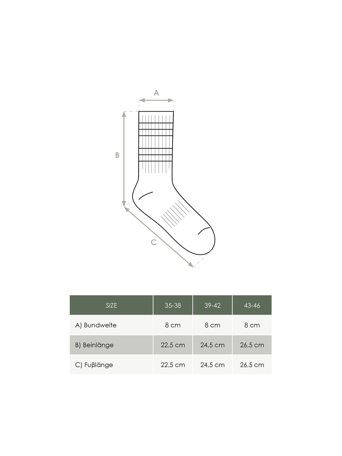 FUXBAU Produkt MaĂźtabelle Unisex Tennissocken aus GOTS zertifizierter Biobaumwolle und fair in Portugal hergestellt