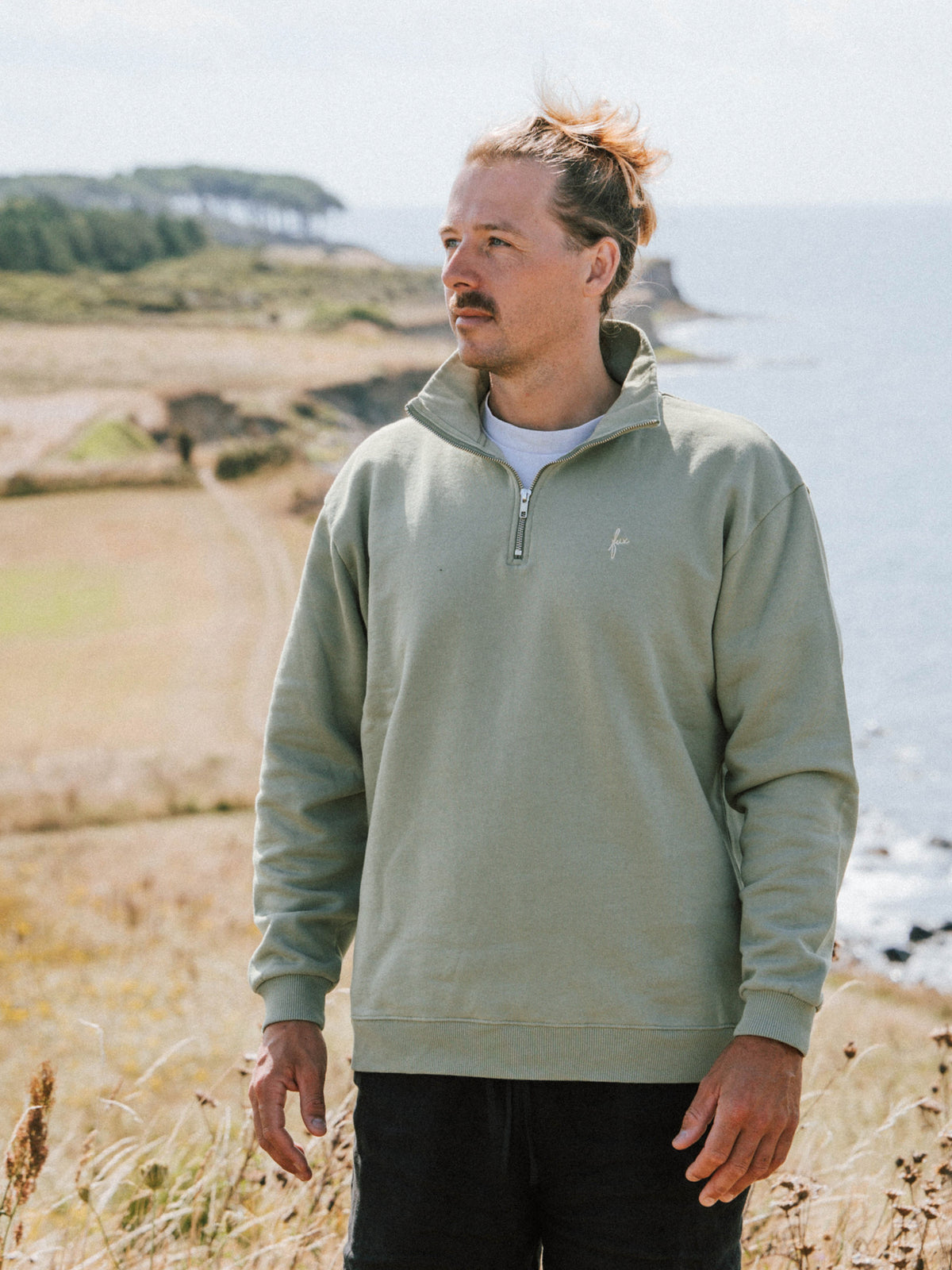 MĂ€nner Half Zip Sweater in Seegras aus Biobaumwolle mit hohem Kragen und Fux Stickerei