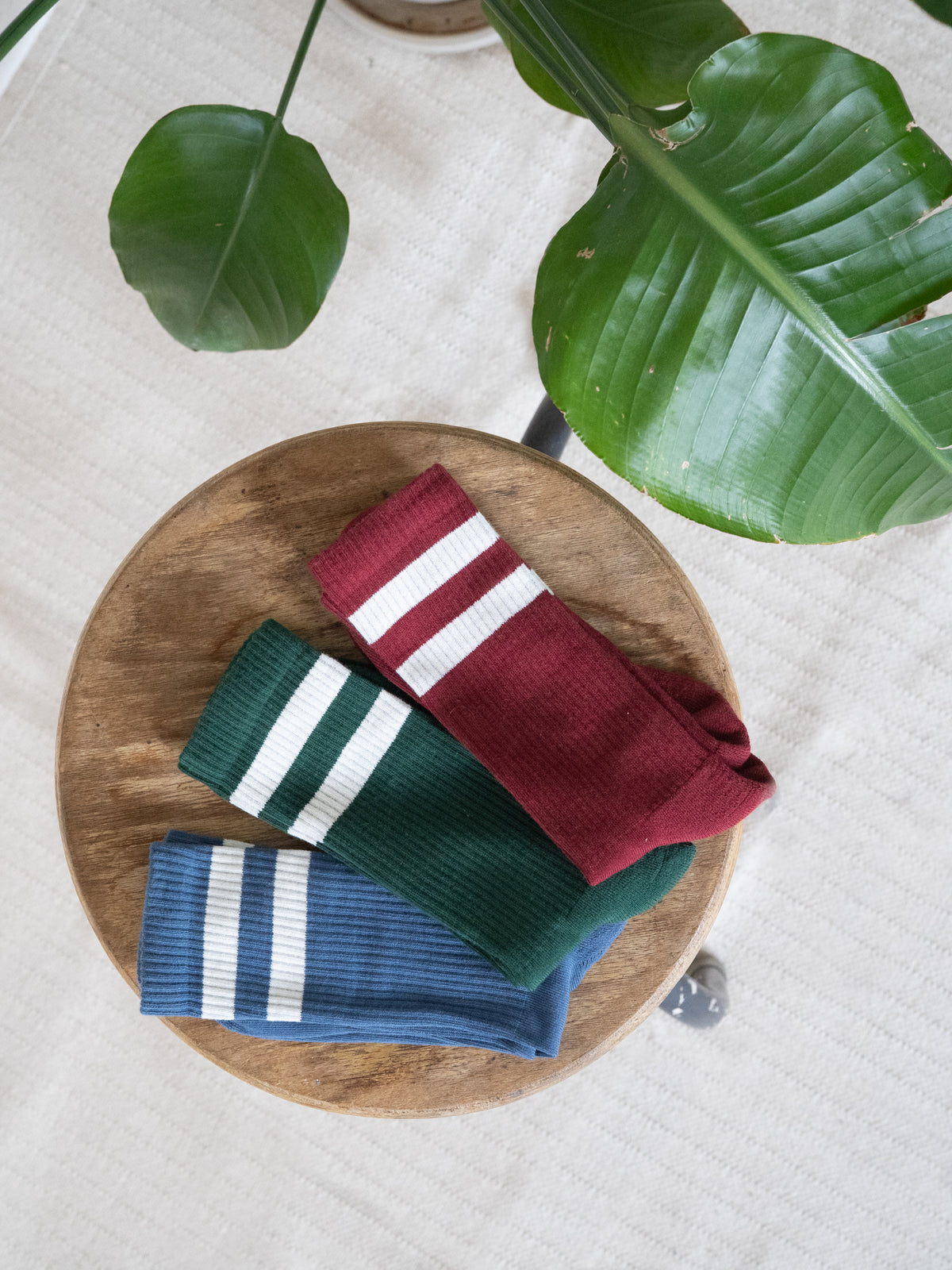 Retro Tennissocken aus Biobaumwolle in GrĂĽn, Bordeaux und Blau mit weiĂźen Streifen