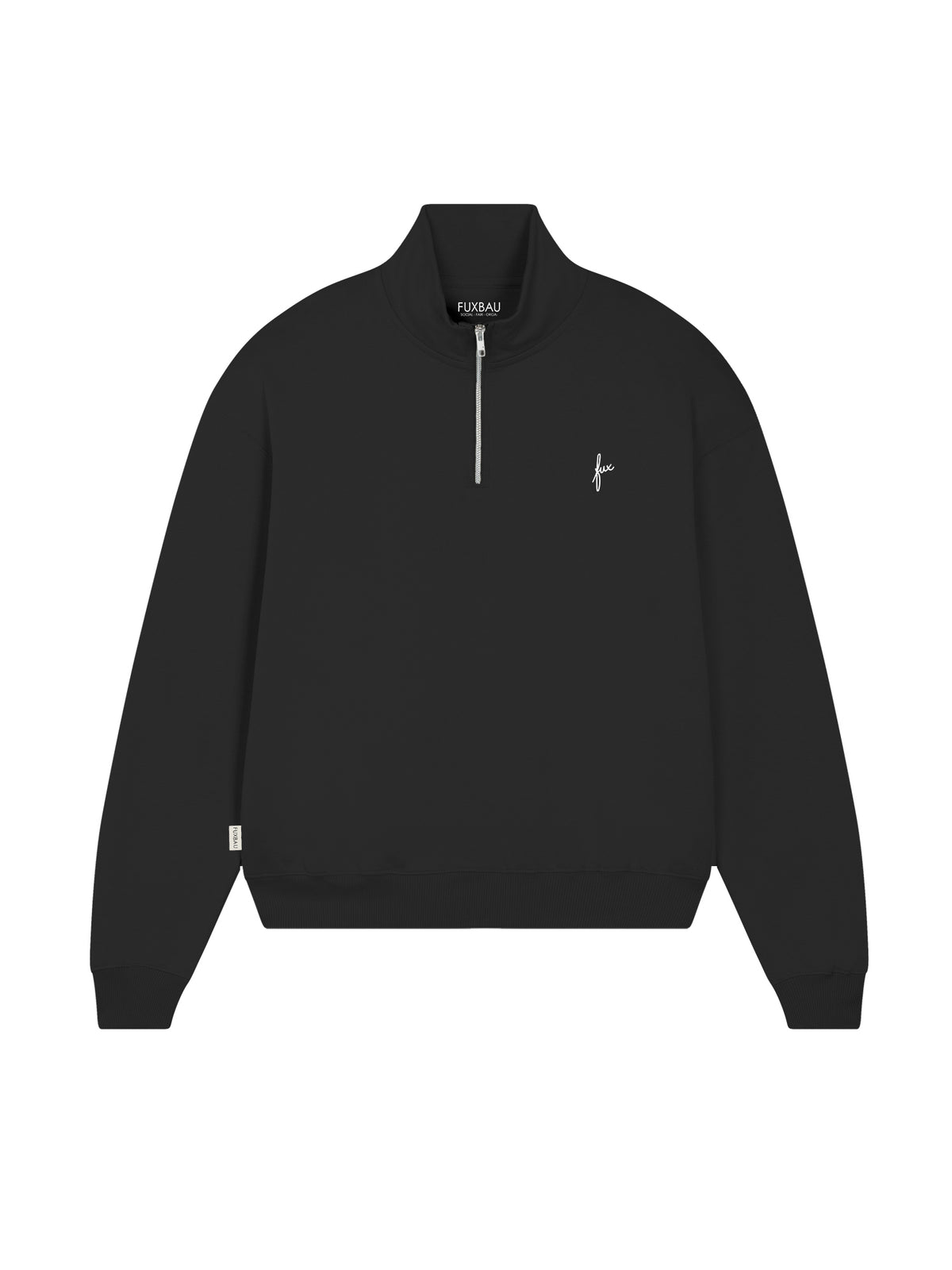 Fairer Frauen fux Half Zip Sweater in schwarz aus 100% GOTS zertifizierter Biobaumwolle und made in Portugal