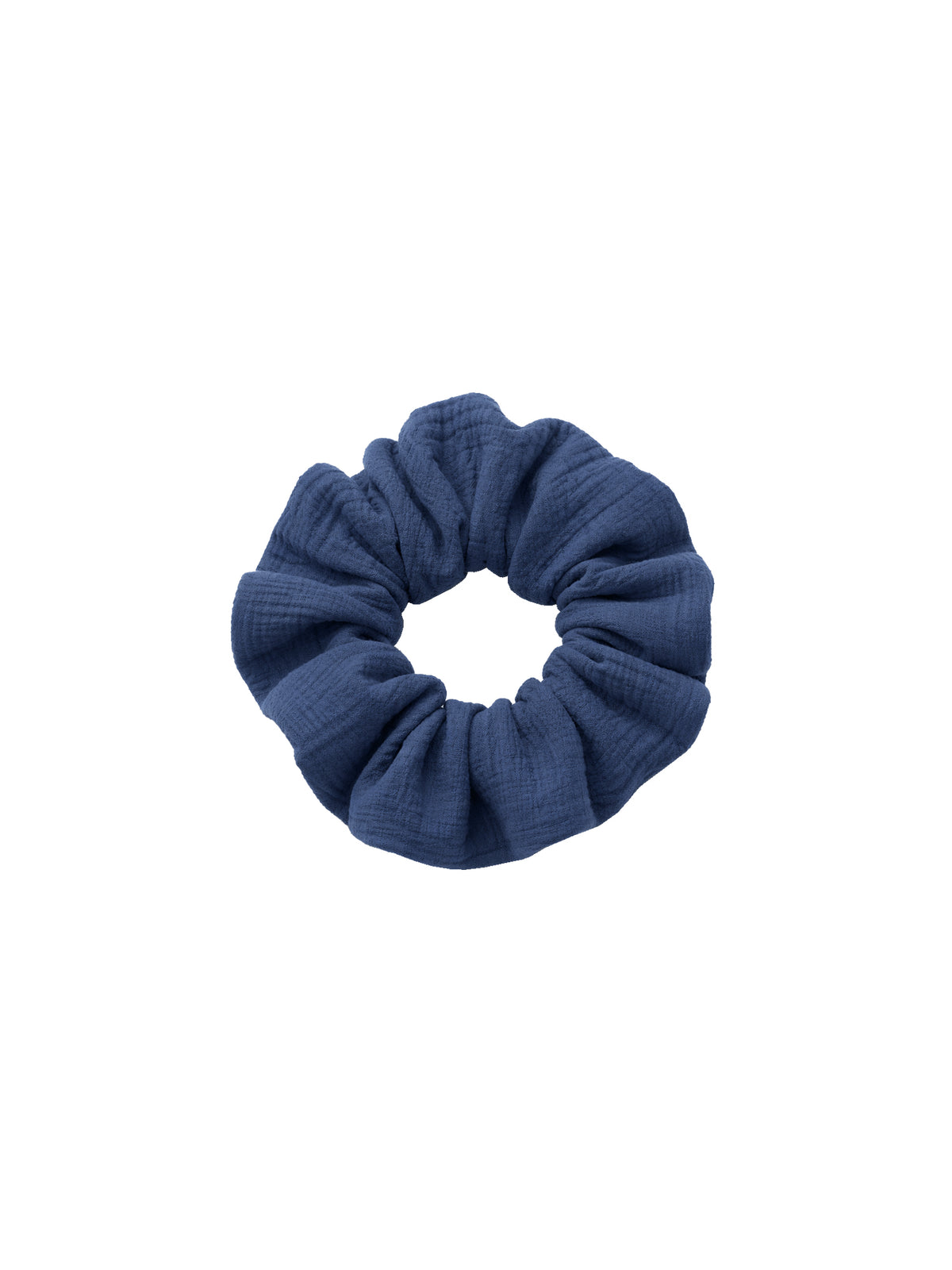 Blauer Musselinscrunchie aus 100% Biobaumwollschnittresten für Frauen aus Biobaumwolle & fair in Portugal hergestellt