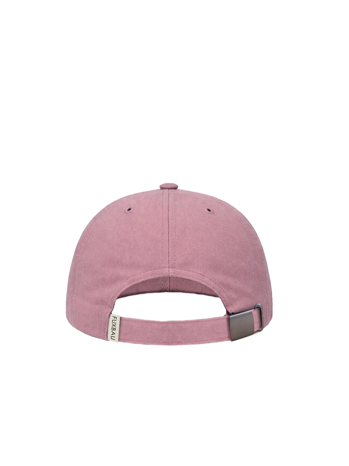 RĂŒckseite einer FUXBAU Dad Cap in hellrot aus 100% Biobaumwolle und fair in Europa hergestellt.