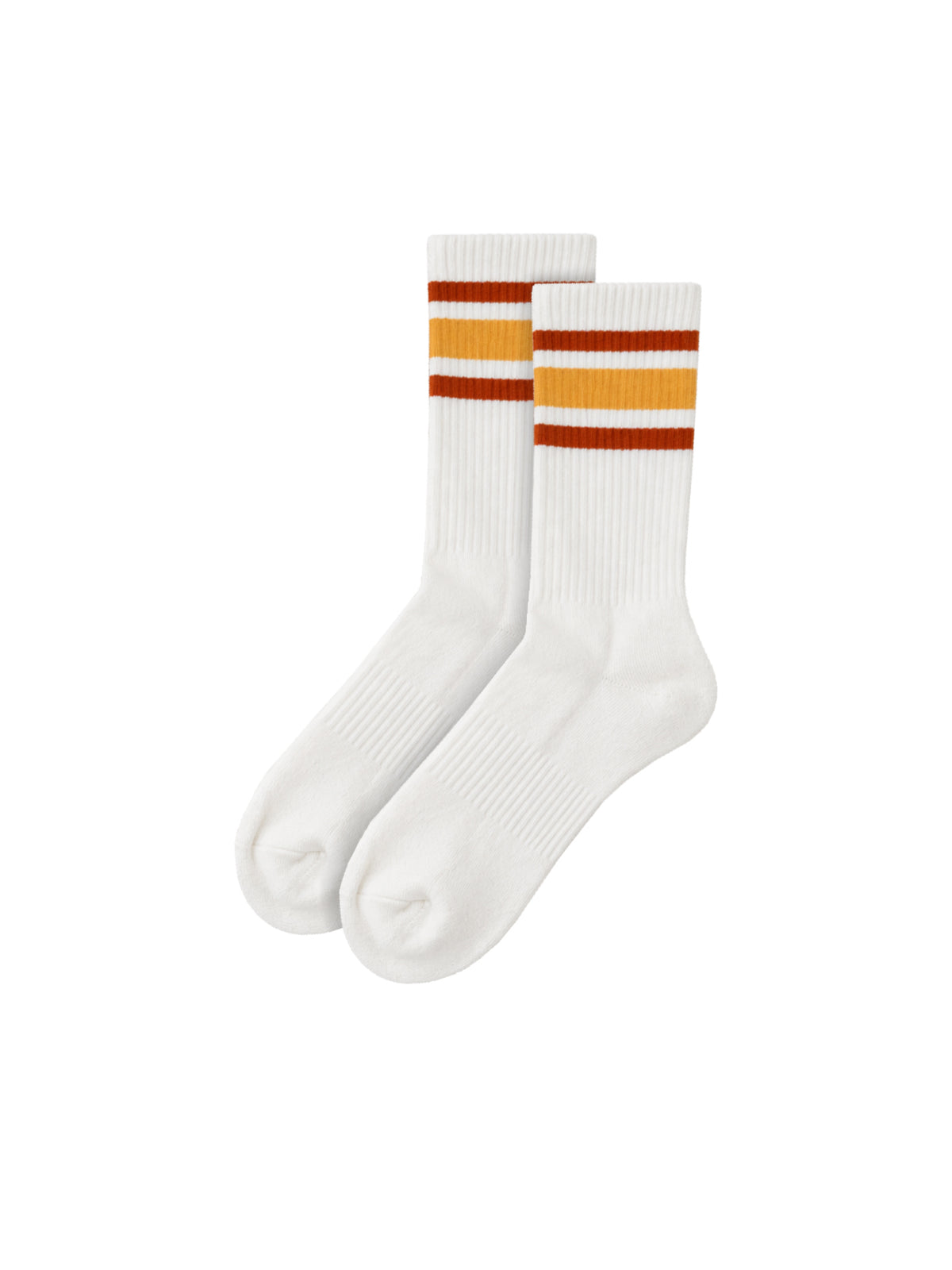 Unisex Retro Tennissocken creme mit orange und gelben Streifen aus Biobaumwolle und fair in Portugal hergestellt