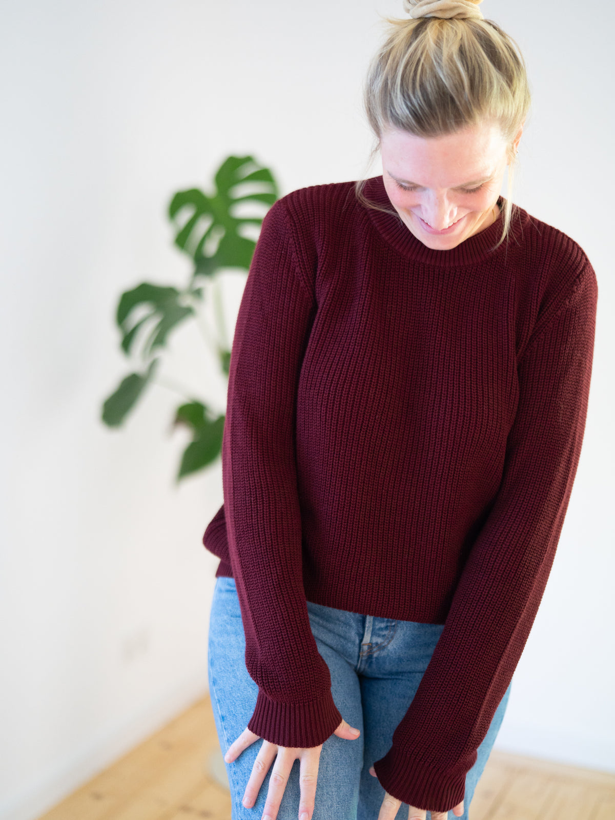 4Seasons Frauen Strickpullover bordeaux aus 100% GOTS zertifizierter Biobaumwolle, Manufaktur-Qualität Made in Italy – Vorderansicht