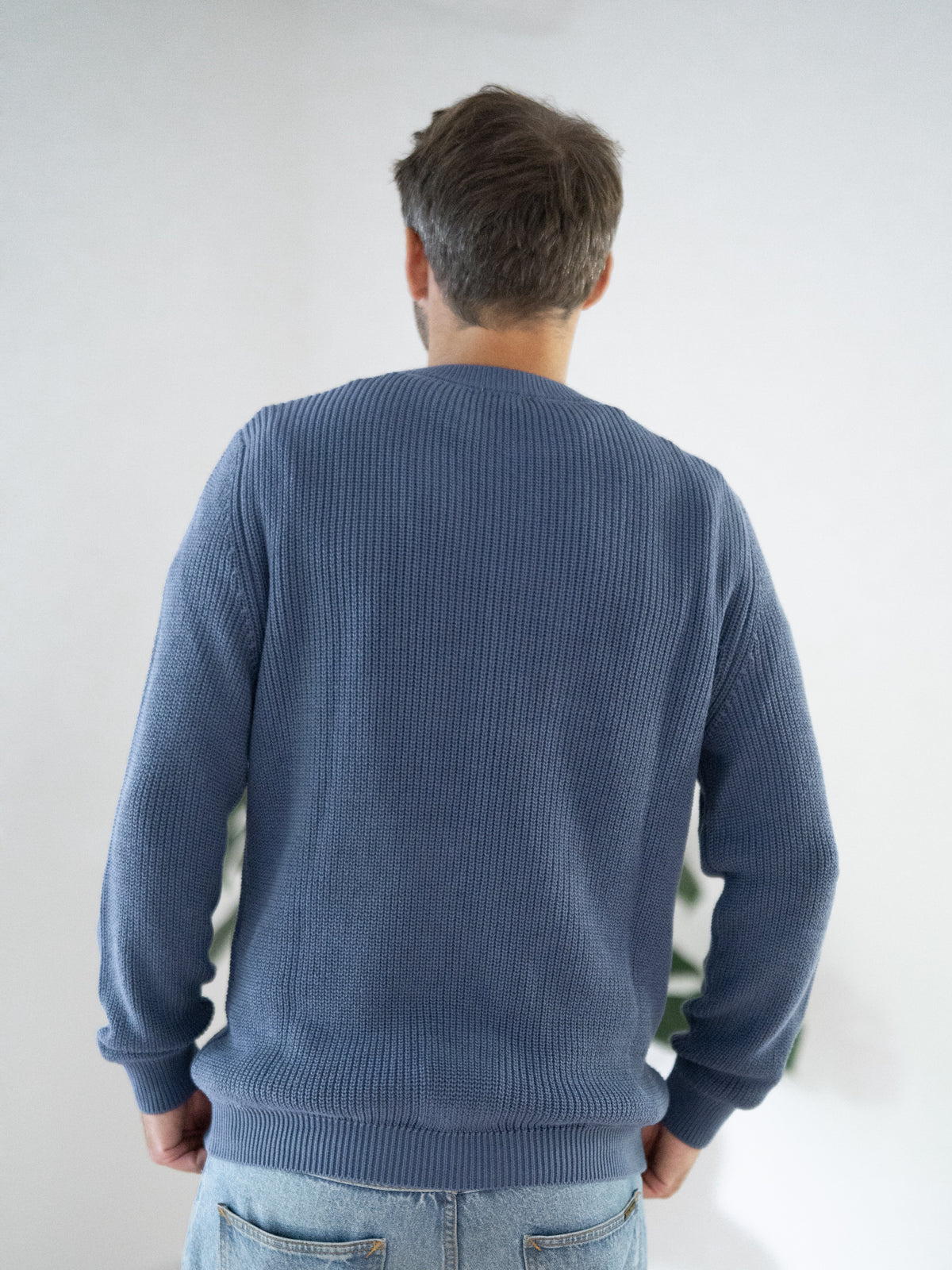 4Seasons Männer Strickpullover blaugrau aus 100% GOTS zertifizierter Biobaumwolle, Manufaktur-Qualität Made in Italy – Rückansicht