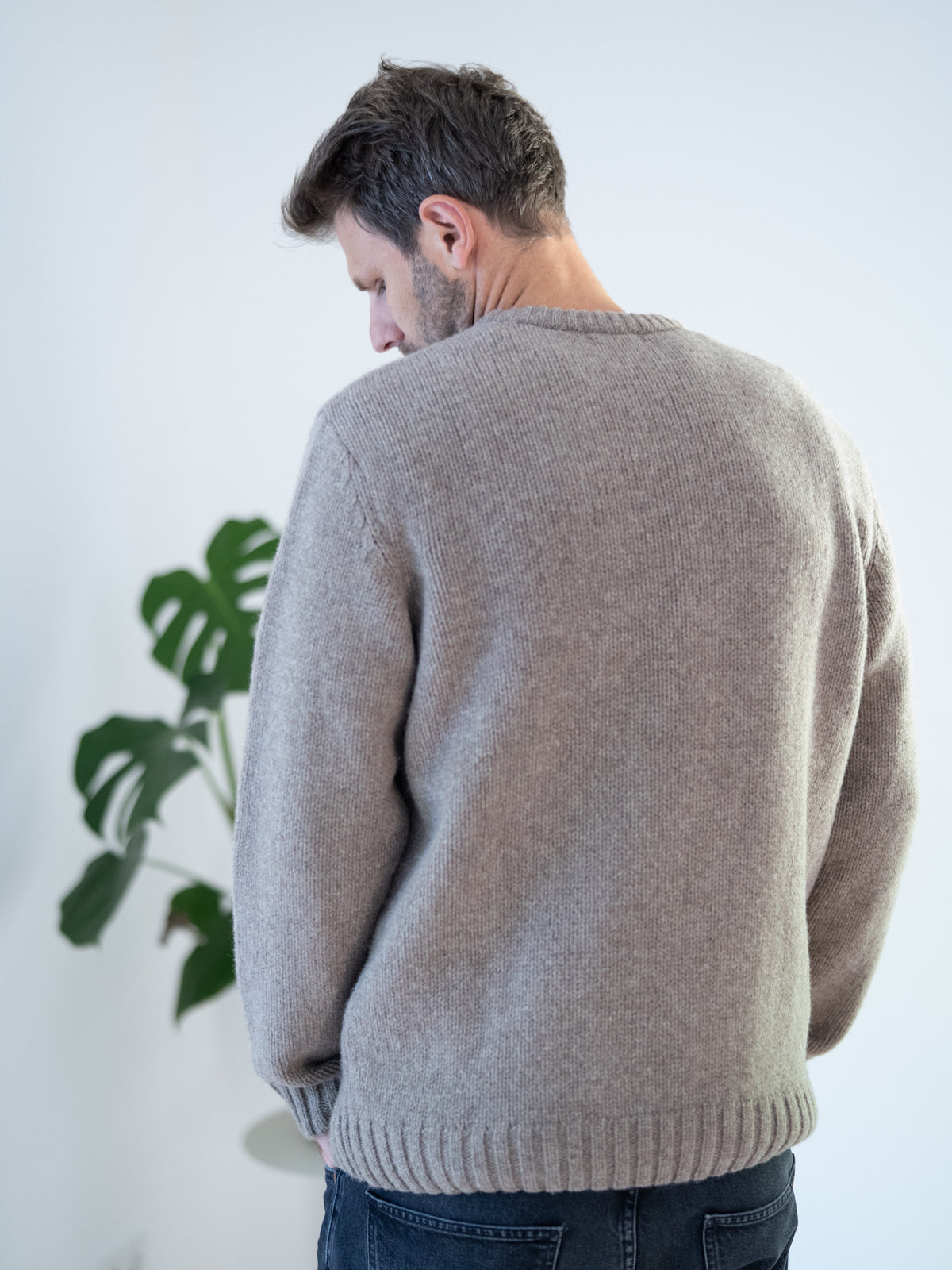MĂ€nner Strickpullover braunmeliert aus 100% Merinowolle, gestrickt in Deutschland â RĂŒckansicht mit Rundhalsausschnitt und RippbĂŒndchen