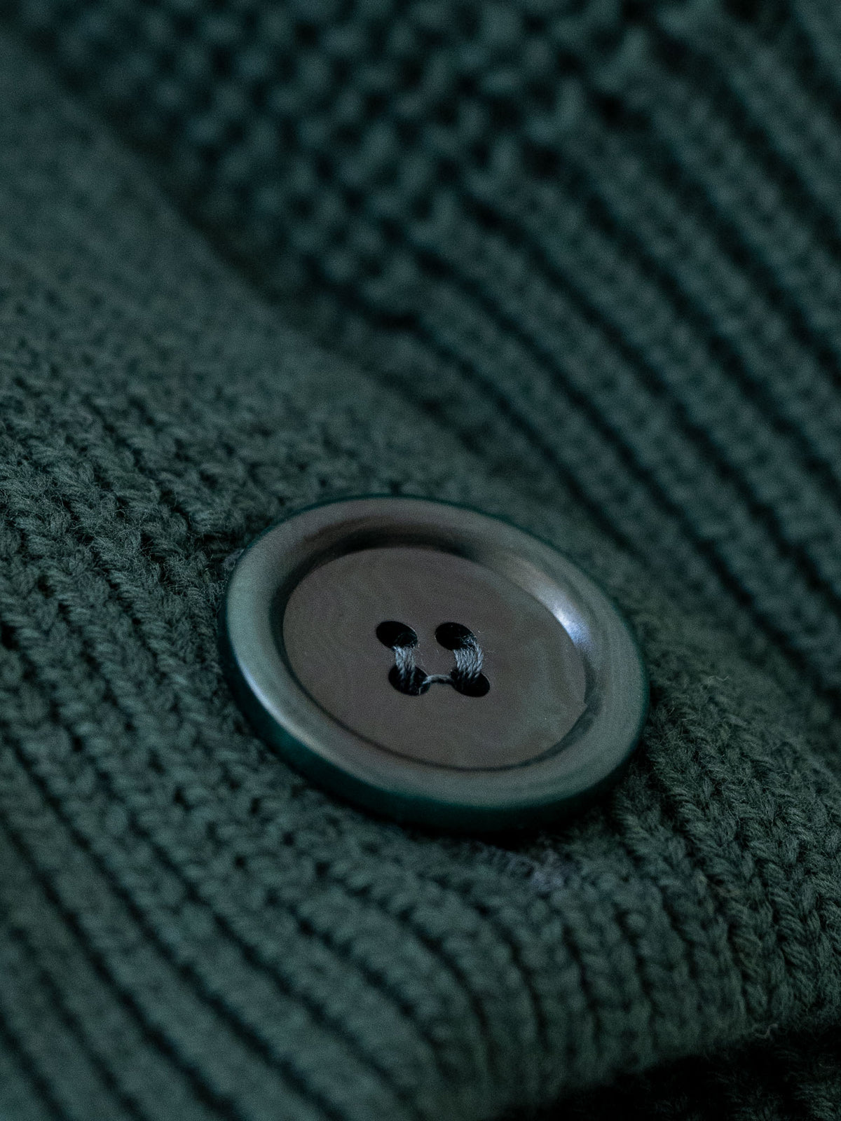 Detailansicht eines Steinnuss Knopfes von einer FUXBAU Fair Fashion Strickjacke gefertigt in Italien in dunkelgrün.
