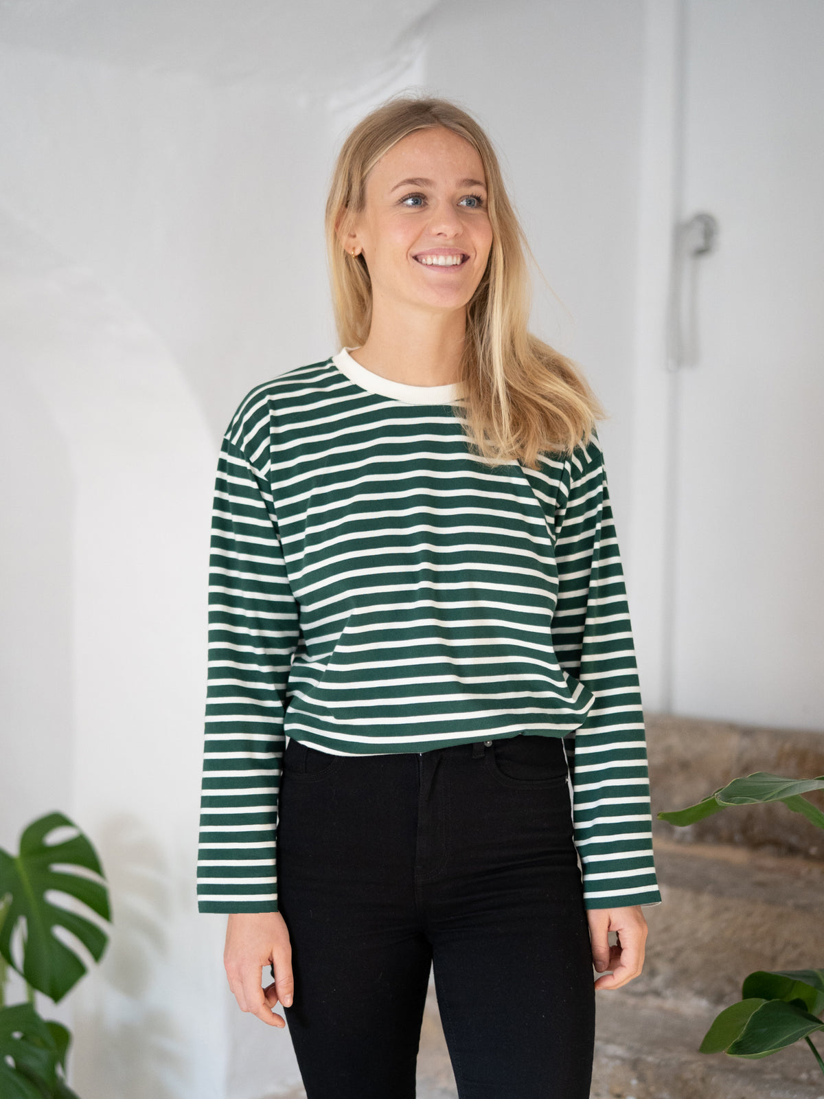FUXBAU Fair Fashion Frauen Streifen Longsleeve in creme grĂŒn aus 100% GOTS zertifizierter Biobaumwolle.