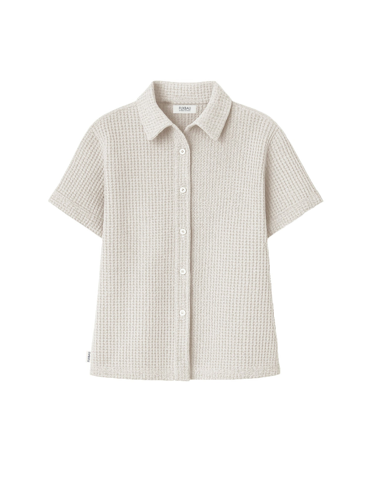 Freigestellte Damen Bluse aus Waffelstrick in beige â kurzĂ€rmlig, aus GOTS-zertifizierter Bio-Baumwolle, fair produziert von FUXBAU