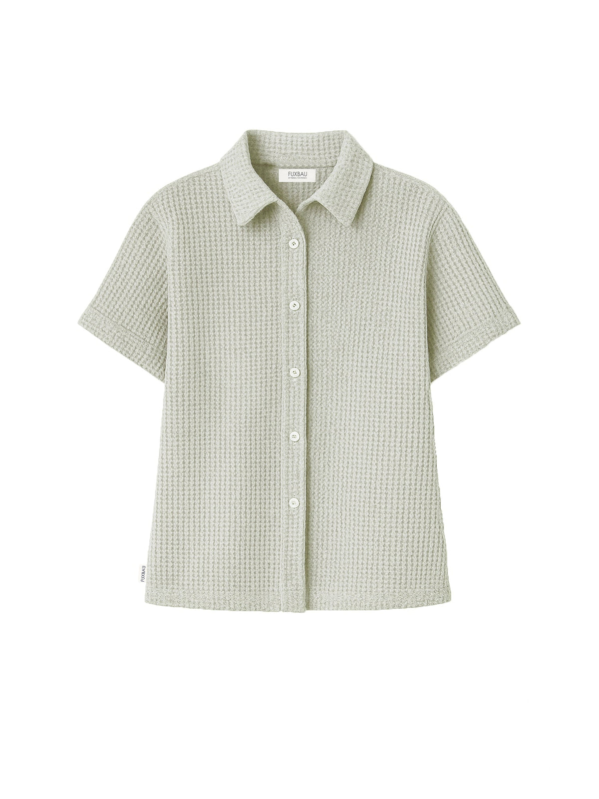 Freigestellte Damen Bluse aus Waffelstrick in Salbei â kurzĂ€rmlig, aus GOTS-zertifizierter Bio-Baumwolle, fair produziert von FUXBAU