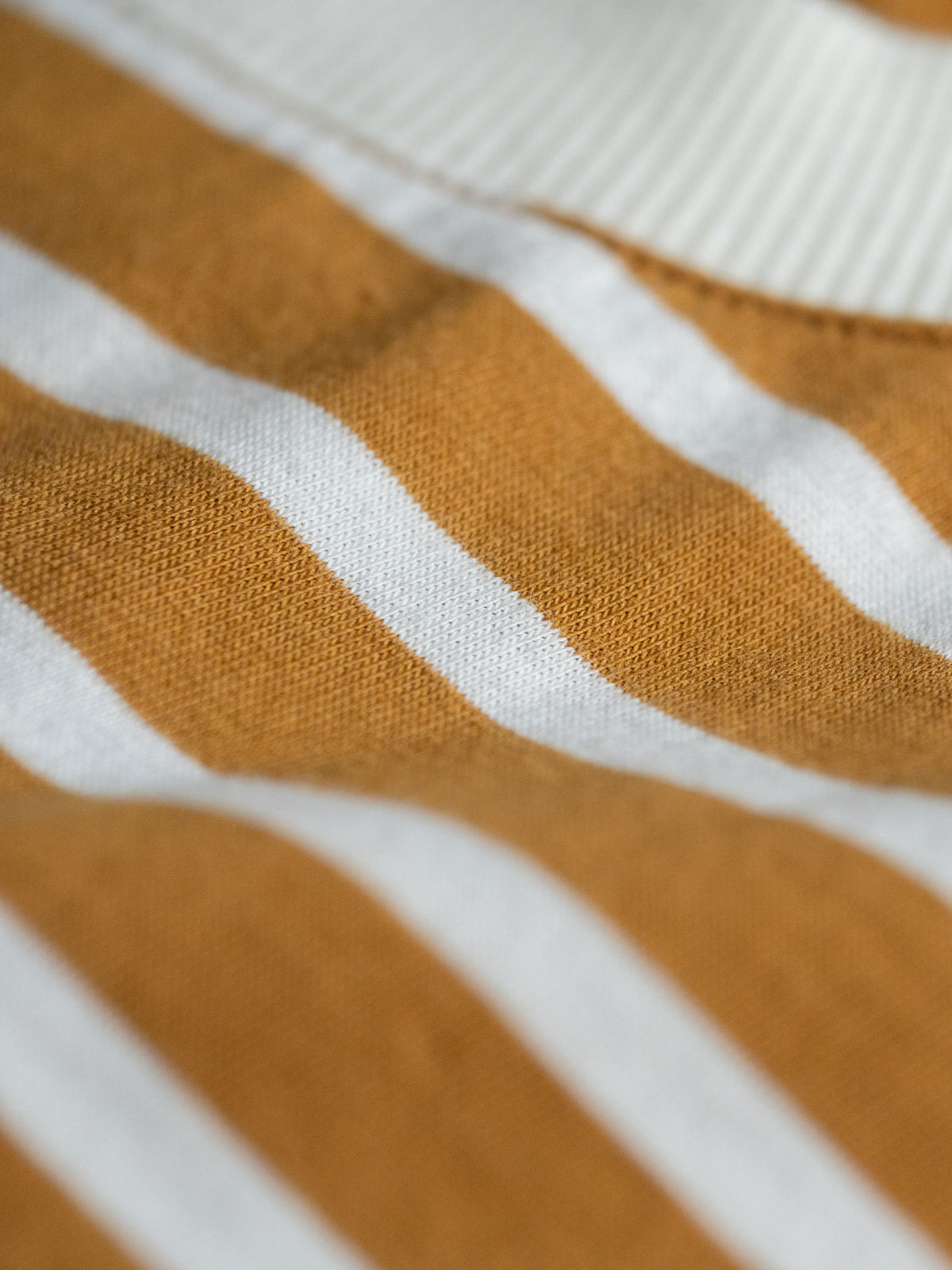 Detailansicht eines Fair Fashion Frauen Streifen Longsleeve in creme senf aus 100% GOTS zertifizierter Biobaumwolle.