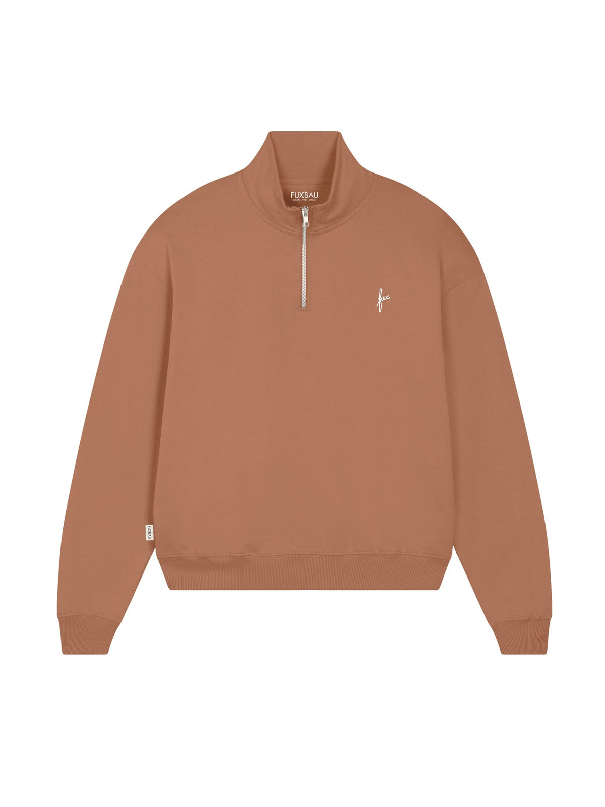 Fairer Frauen fux Half Zip Sweater in karamell aus 100% GOTS zertifizierter Biobaumwolle und made in Portugal.