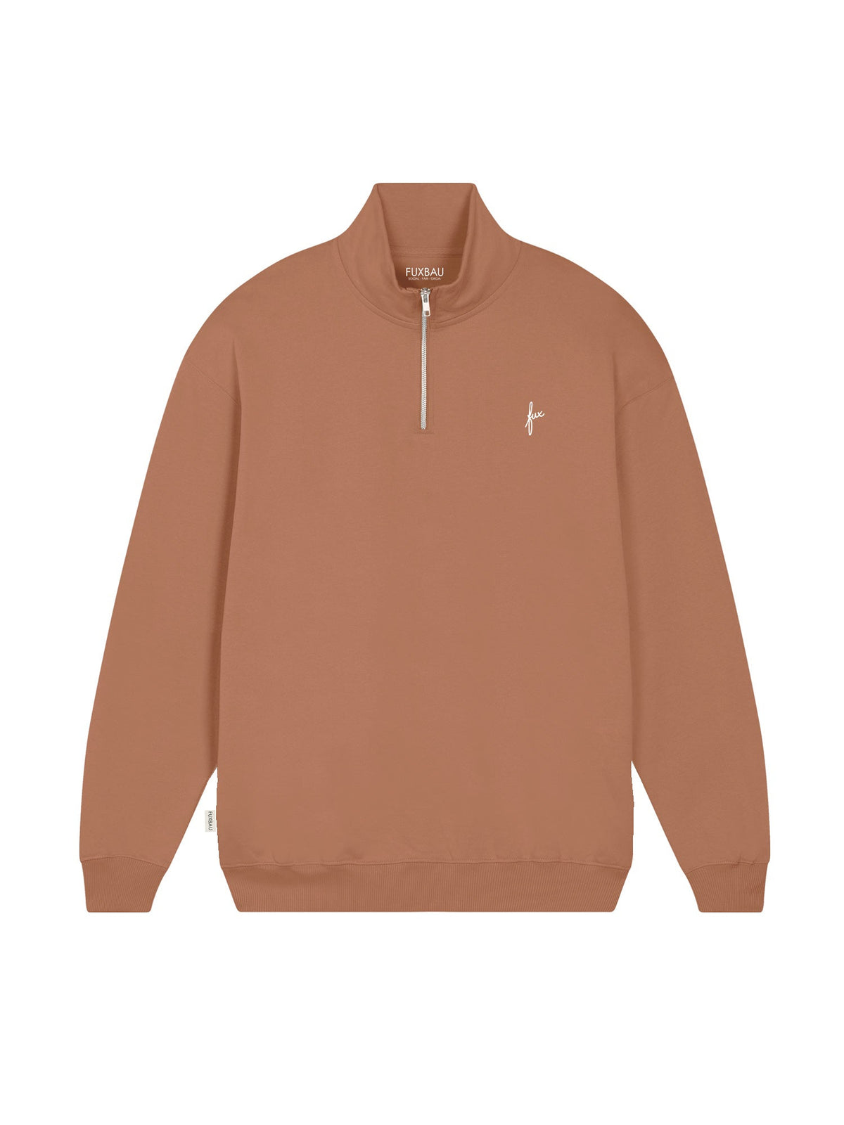 Fairer Männer fux Half Zip Sweater in karamell aus 100% GOTS zertifizierter Biobaumwolle und made in Portugal.