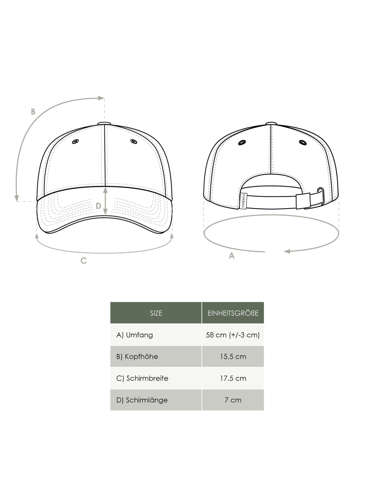 Maßtabelle FUXBAU Unisex Produkt Dad Cap aus 100% Biobaumwolle und fair in Polen hergestellt.
