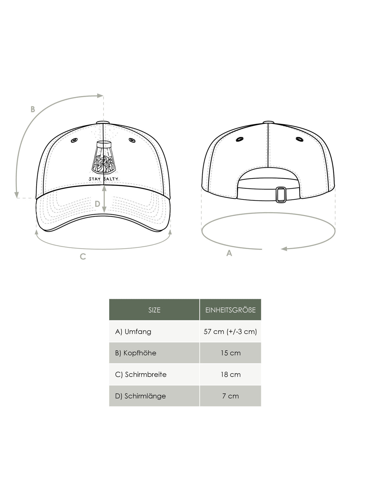 Maßtabelle FUXBAU Unisex Produkt Stay Salty Dad Cap aus 100% Biobaumwolle und fair in Portugal hergestellt.