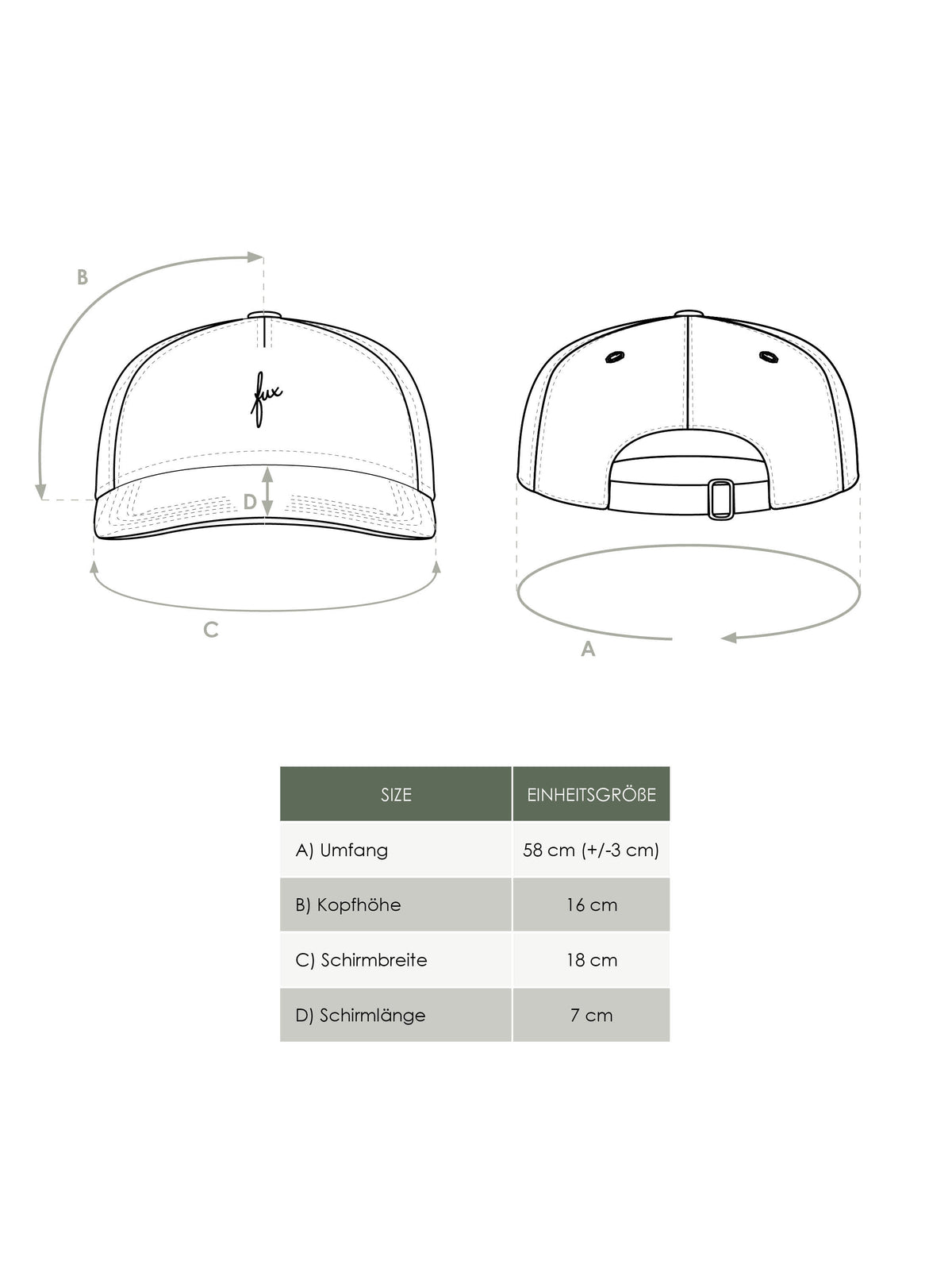 Maßtabelle FUXBAU Unisex Produkt fux Cap aus 100% Biobaumwolle und fair in Polen hergestellt.