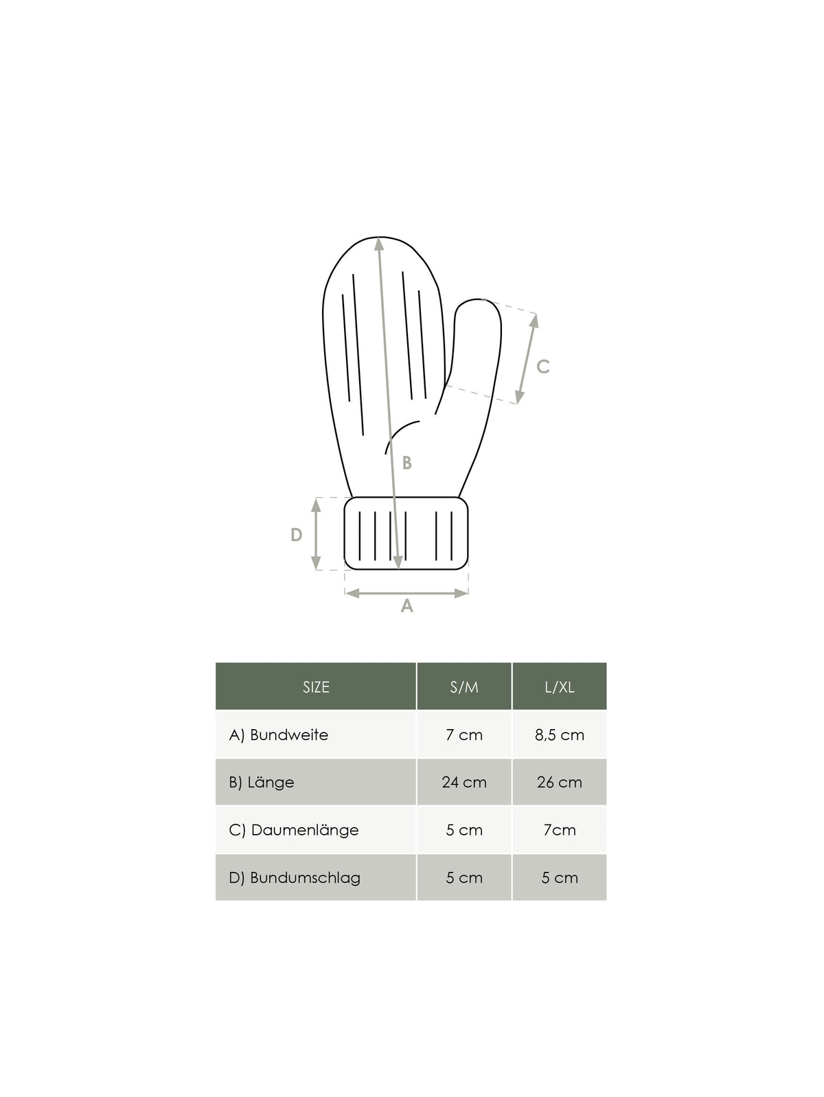 FUXBAU Produkt Maßtabelle Unisex Merino Fäustlinge aus Merinowollen und fair in Deutschland hergestellt