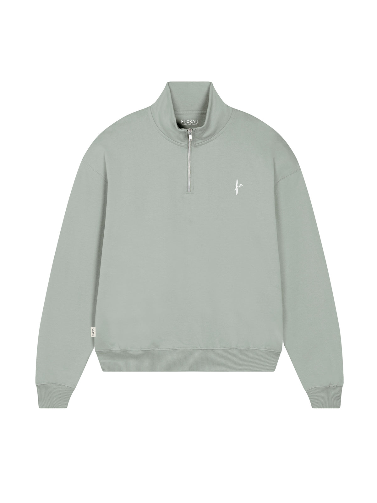 Frauen Half Zip Sweater in Seegras aus Biobaumwolle mit Reißverschluss und Fux Stickerei