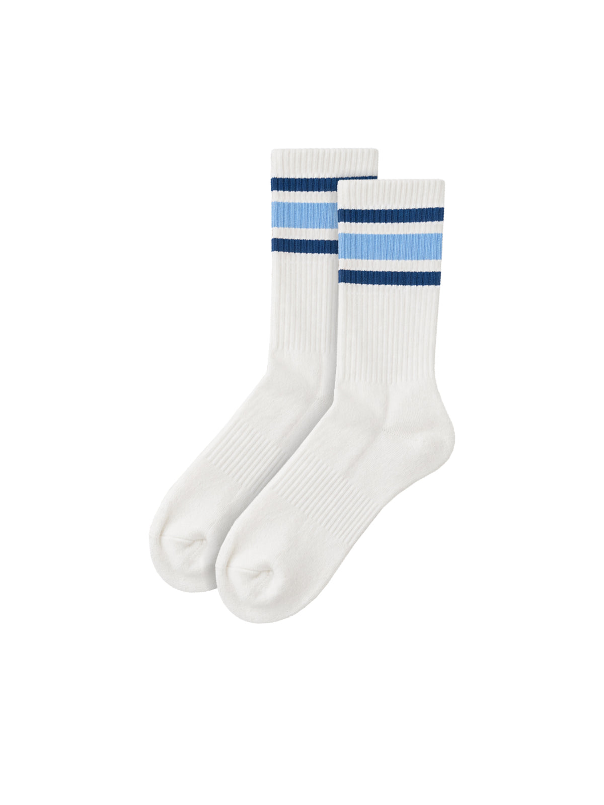 Unisex Retro Tennissocken creme mit petrol und blauen Streifen aus Biobaumwolle und fair in Portugal hergestellt
