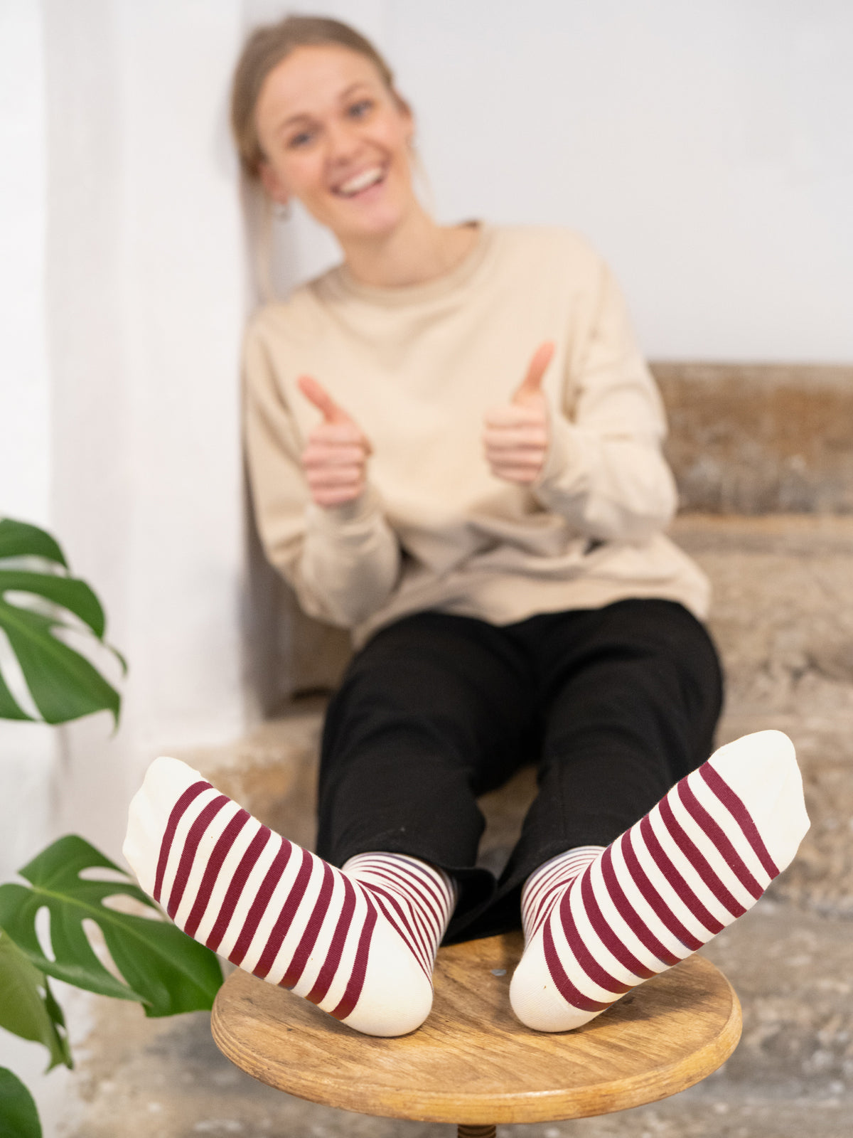 FUXBAU Unisex Streifensocken creme bordeaux aus Bio-Baumwolle GOTS Made in Portugal